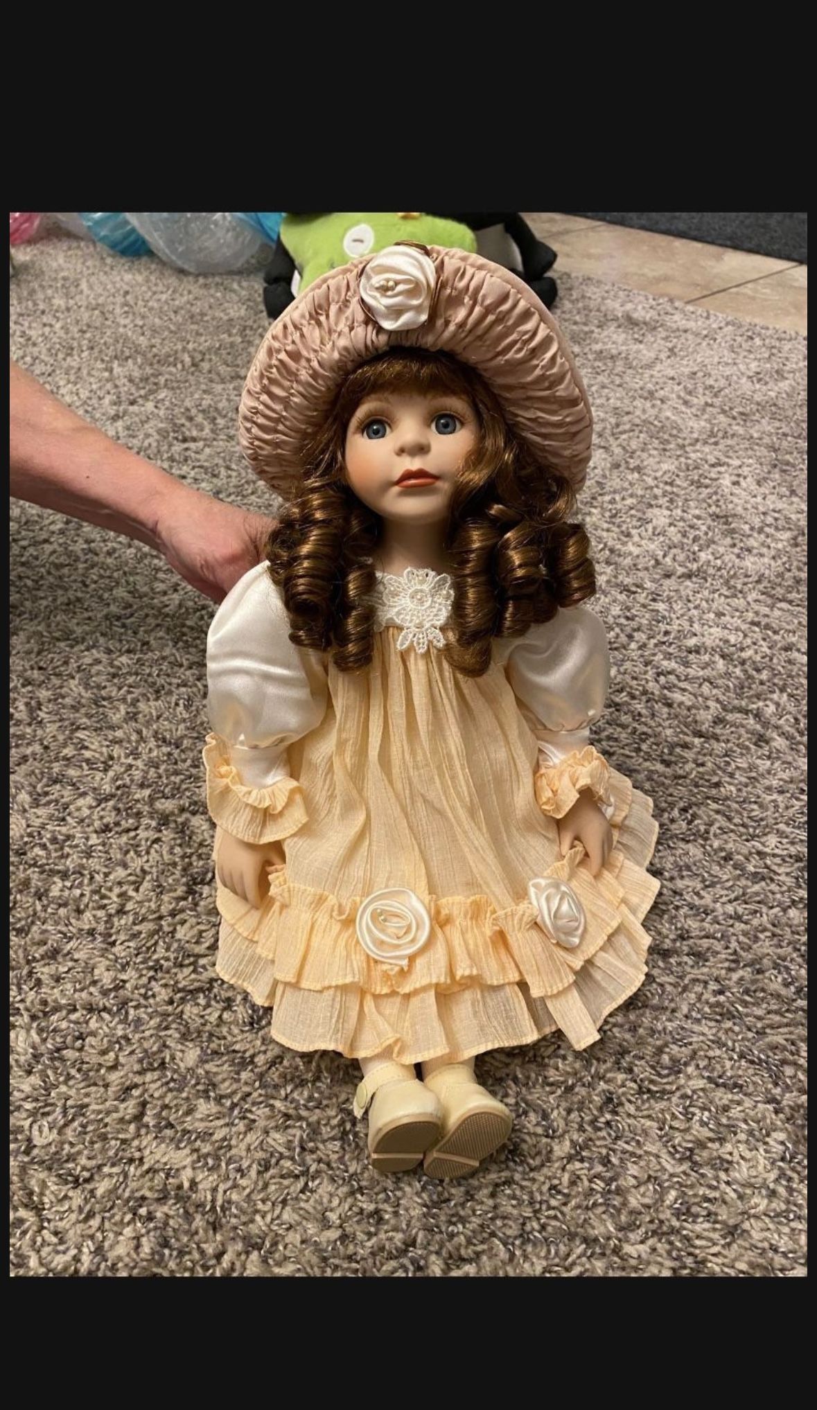 Porcelain Doll in Peach Colored Outfit from Switzerland