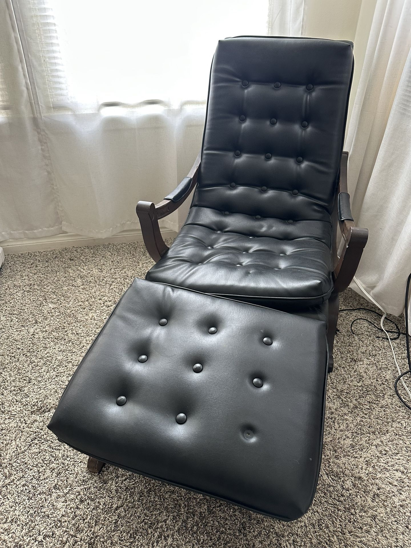 Mid century modern Black Vinyl Faux Leather Chair And Foot Stool