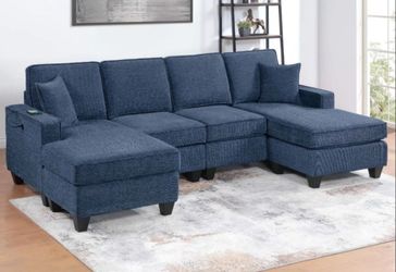 Blue Chenille U-Shape Sectional Sofa, double chaise