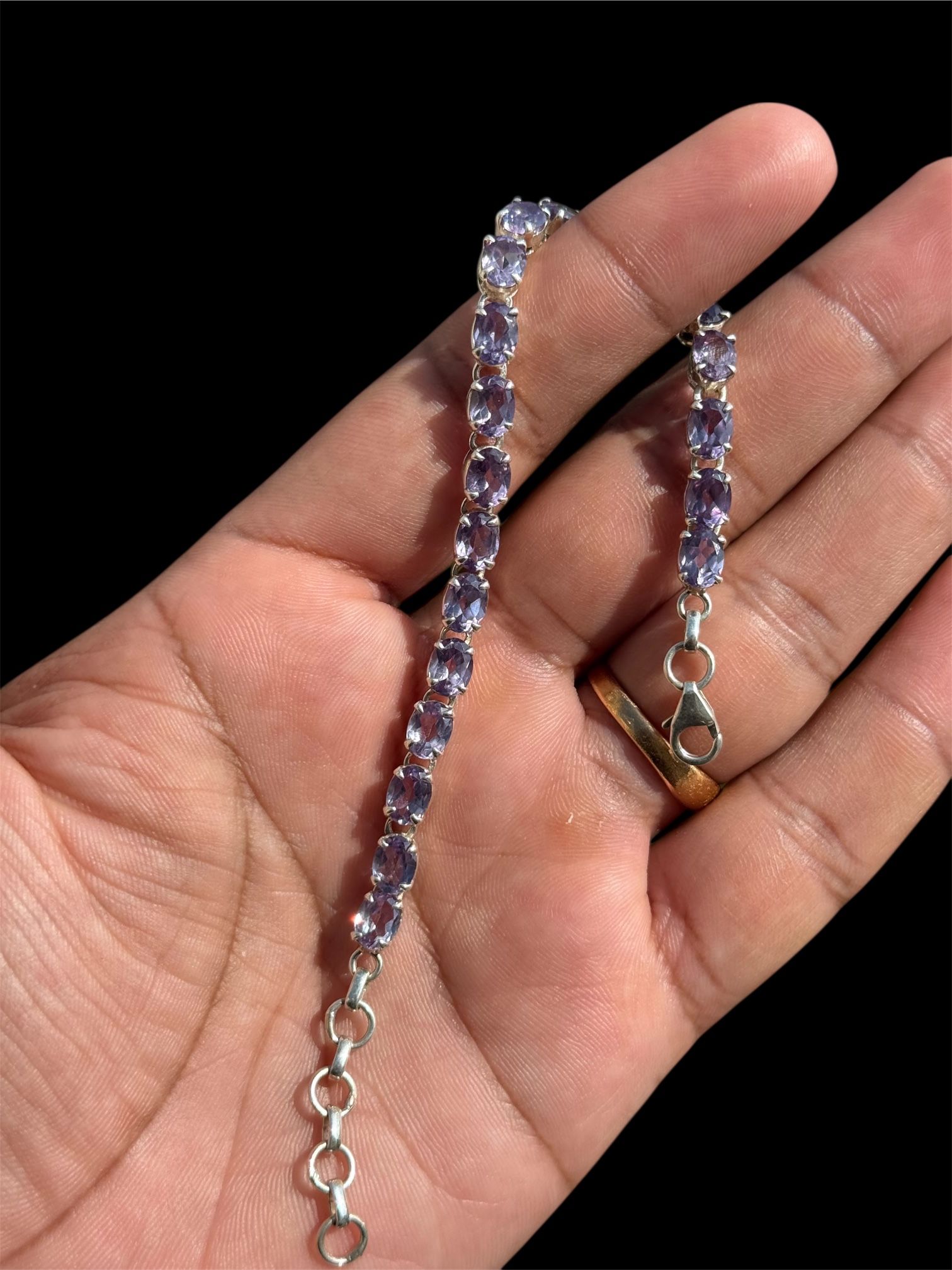 925 Sterling Silver Double Tone Bracelet | Amethyst & Aquamarine Adjustable 8.2