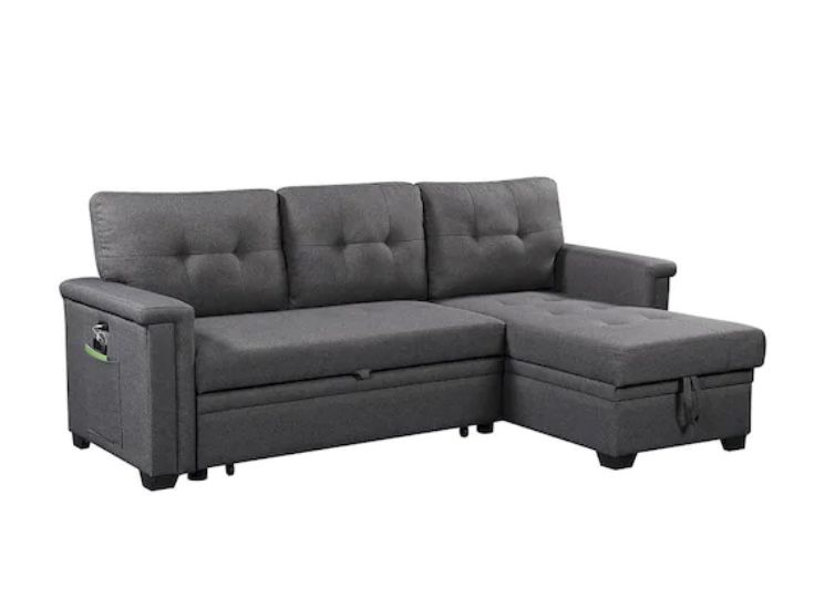 84 in. W Reversible Sleeper Sectional Linen Sofa with Storage Chaise and Pocket in Dark Gray
