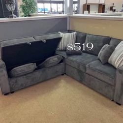Elegant Brand New 3-Pc Convertible Corduroy Sectional Sofa With Pullout Bed, Storage, And USB Ports