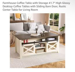 Farmhouse Coffee Table with Storage 41.7" High Glossy Desktop Coffee Tables with Sliding Barn Door, Rustic Center Table for Living Room
