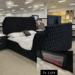 😴 NUEVA!! Cama Con Chimenea LED y Lift De Televisión EN CAJA 📦