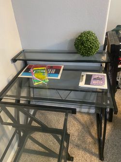 Glass Top Computer Desk with Raised Shelf