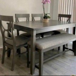 ✅️✅️6 pc bridget ii grey finish wood dining table set padded seat chairs and bench✅️✅️✅️