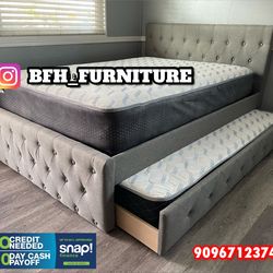 Full Twin Grey Frenchi Trundle Bed With Ortho Mattress Included!