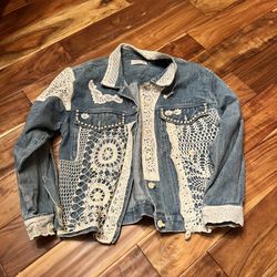 Vintage Ashley hill lace doily Jean jacket. Size medium