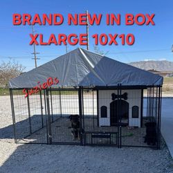 Brand new in box! Xlarge Heavy Duty reinforced iron dog kennel w/ all weather roof tarp canopy,  swivel feed door & bowls just under 10'x10' Dog cage