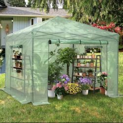 New In Box Walk-in Greenhouse, Instant Pop Up for Outdoors with Zippered Door and Roll-up Windows, PE Cover