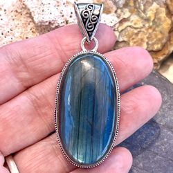 Blue Flash Labradorite Sterling Silver 2.4” Pendant