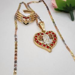 Virgin Mary Heart Set Chain With Ring Gold-plated #7.9.10