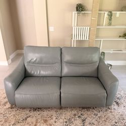 Domio Collection Leather Loveseat Sofa Hydra Blue Power Recliner Easy Clean White Seam 70"x63"x37"