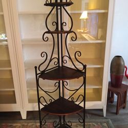 5 Tier Wrought Iron Corner  Shelf with Wood  Shelves