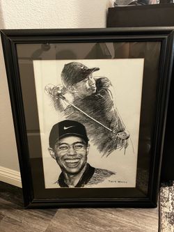large framed Tiger Woods pencil drawing