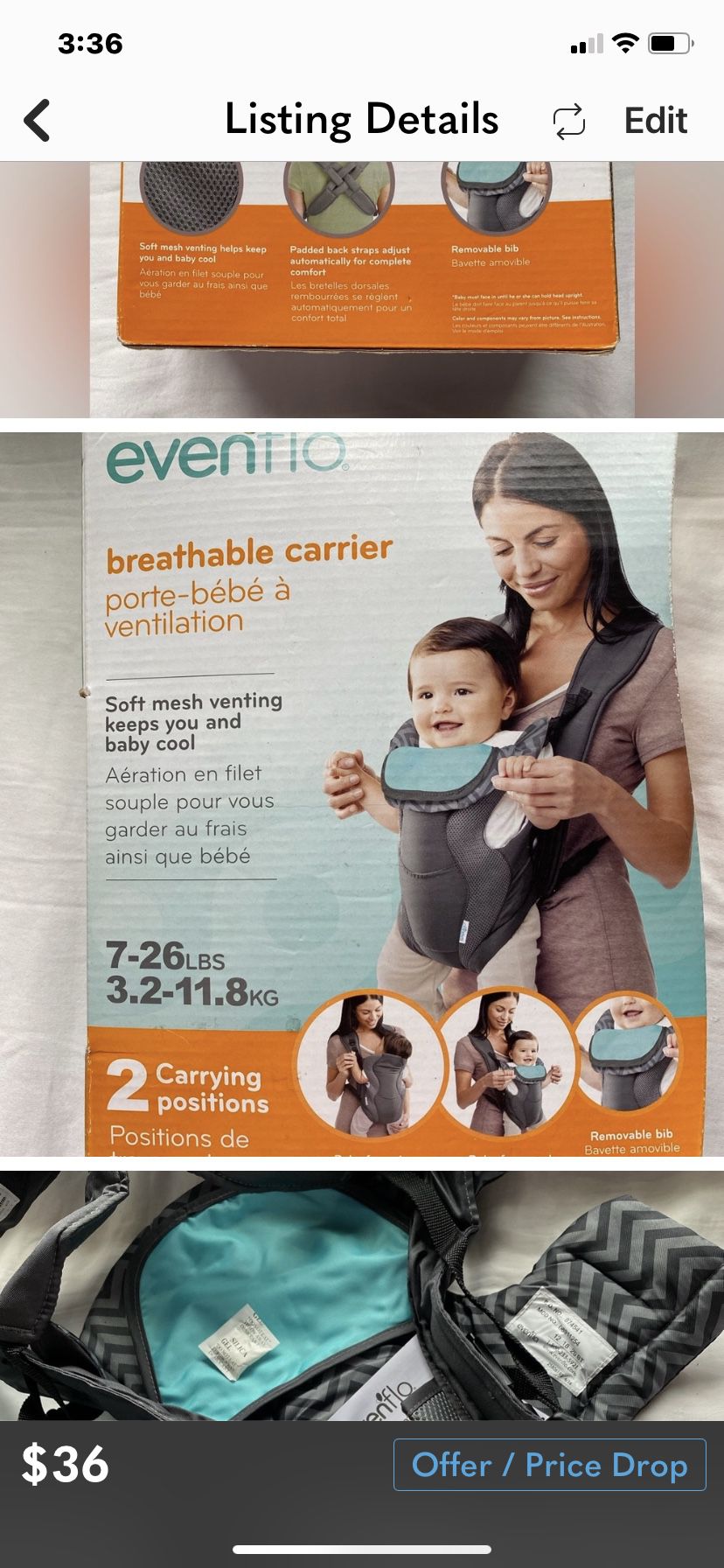 EVENFLO BABY CARRIER, CLOTH, NEW IN BOX