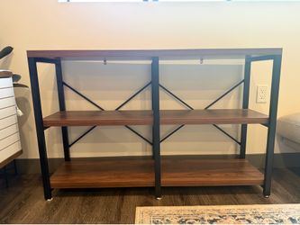 Console table, coffee bar, entry way table, shelf, walnut and black metal finishing