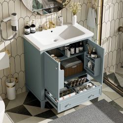 NEW Green 30" Bathroom Vanity WITHOUT Sink, Base Only, Multi-functional Bathroom Cabinet with Doors and Drawer, Solid Frame and MDF Board