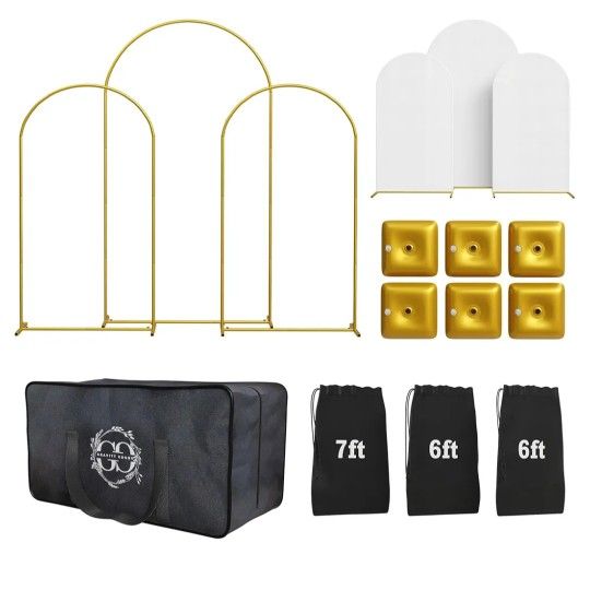Metal Arch Backdrop Stand Set of 3 Gold with White Spandex Covers – 7.2ft/6ft/6ft Arches, Carrying Case and Bags, Water Weights for Wedding, Birthday,