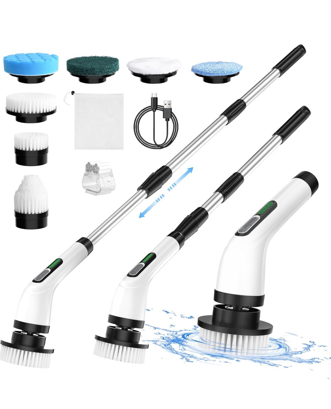 Electric Spin Scrubber, 2 Adjustable Speeds Cordless Electric Scrubber for Cleaning, Adjustable & Detachable Handle Shower Scrubber with 7 Replaceable