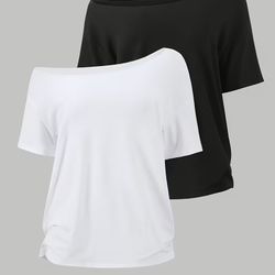 Set Of Two Versatile Casual Off-Shoulder Short-Sleeve T-Shirts For Women - Solid Color Loose Fit Top, Breathable And Comfortable For Everyday Wear in 