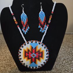 Handmade Beaded White And Red Medallion Necklace And Earrings Set 