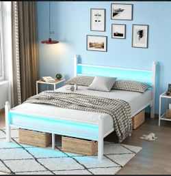 White Metal Platform Bed Frame with LED Lights