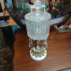 Vintage Crystal Candy Dish With Brass Marble Pedestal