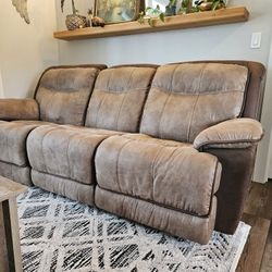 Tan/Brown Suede Reclining Couch