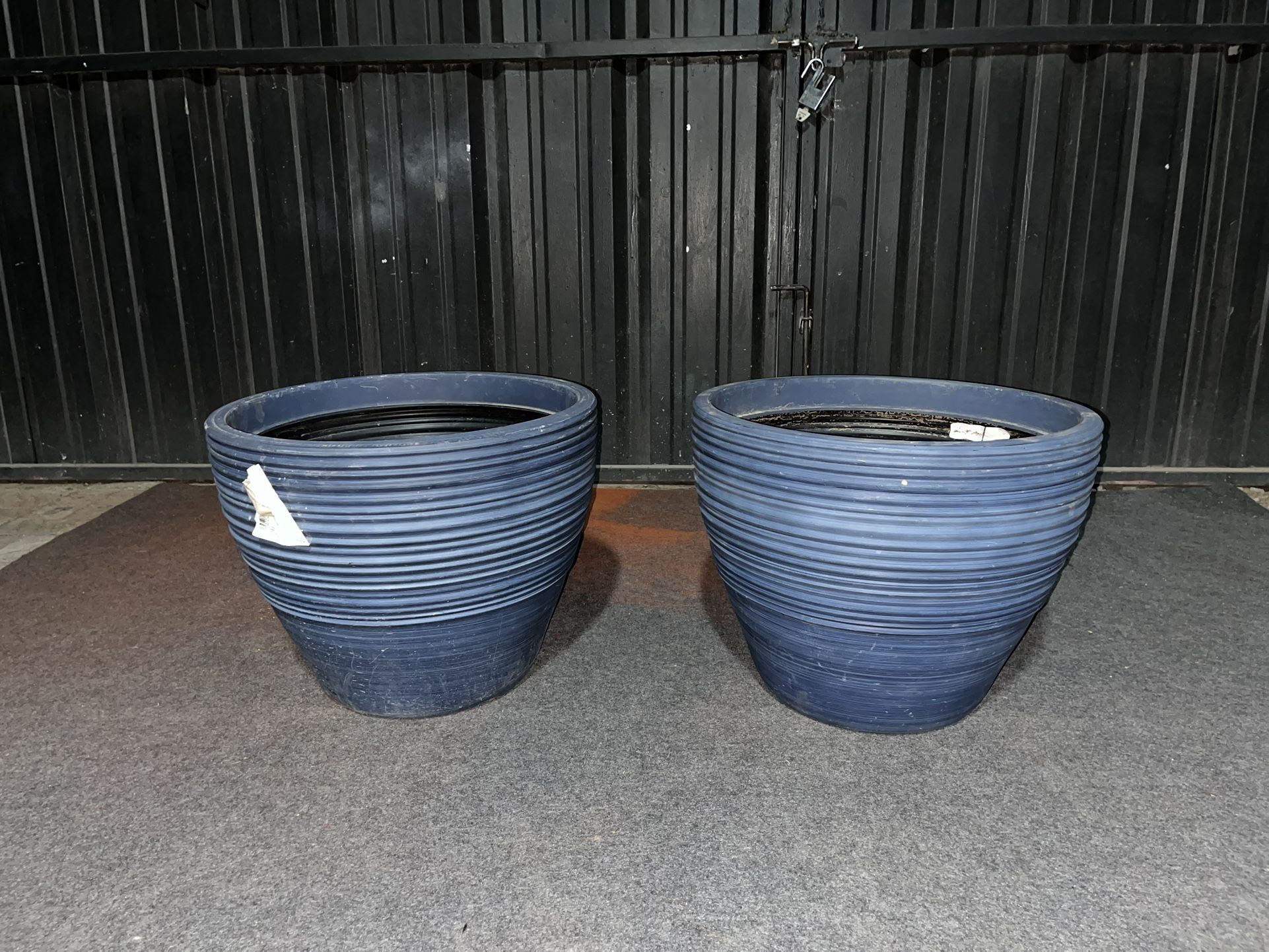 2 Blue Plastic Pot Planters 15”H x 17”W