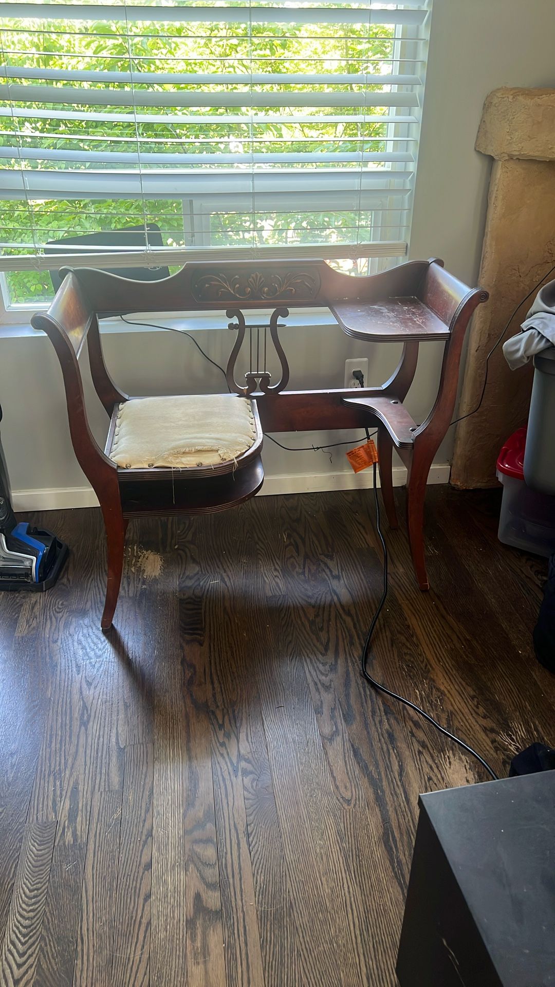Antique Vintage Phone Table, gossip bench, Duncan Phyfe writing desk, harp chair table, entryway bench, End Table, Furnitur, wood chair, wood table