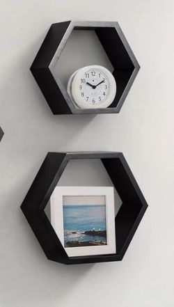 Set of 2 Black Hexagon Floating Wall Shelves