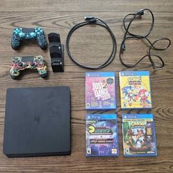 PS4 Slim 1TB Bundle - 2 Controllers + 4 Games + Cables (Tested)