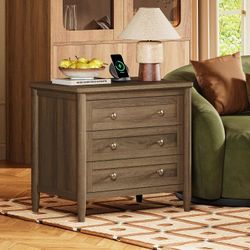 Tall Farmhouse Nightstand with 3 Drawers, Hidden Charging Station and USB-C