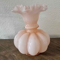 Vintage Fenton Art Glass 8” Dusty Rose Pink Overlay Melon Vase w Double Crimped Ruffle, Cased, Milk,