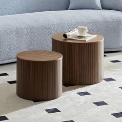 Handcrafted MDF Nested Table Set of 2, Round Coffee Tables for Living Room, Walnut Color