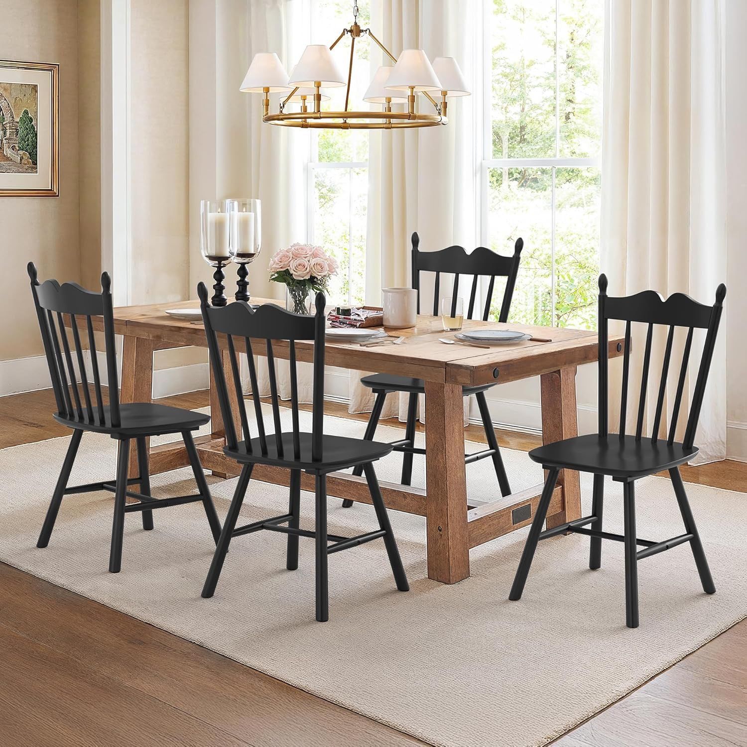 Black Dining Chairs Set of 4, Windsor Wooden Dining Chair with Thickened Backrest, Morden and Mid Century Kitchen Chairs for Dining Room Farmhouse, We