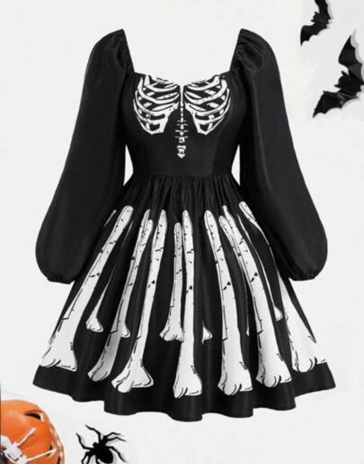Women's Plus Size Gothic Black & White Skeleton Halloween Costume Dress