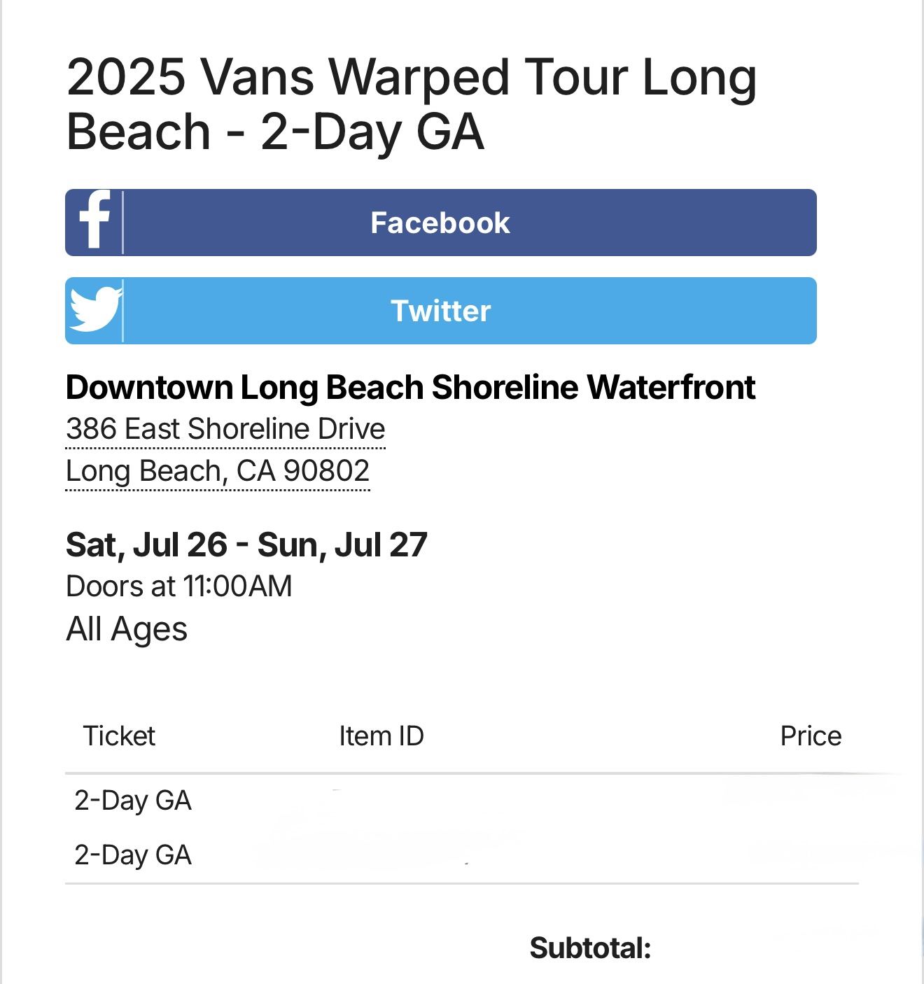 2 Tickets Vans Warped Tour 2-day