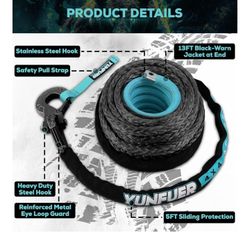 5/8" x 60ft Synthetic Winch Rope Cable Kit, 38000LBS Winch Rope with Protective Sleeve + Forged Winch Hook and Safety Pull Strap (Gray)