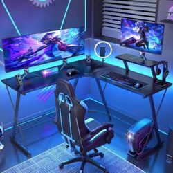 51 Inch Carbon Fiber Black L Shaped Gaming Table Corner Computer Desk With Remote Control Light Strip And Hook Gaming Desk, 