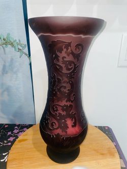 Large Vintage Art Nouveau Style Etched Cameo Glass Vase 15” – Plum/Amethyst/Purple