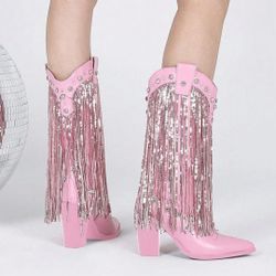 New Pink Fringe Cowgirl Boots