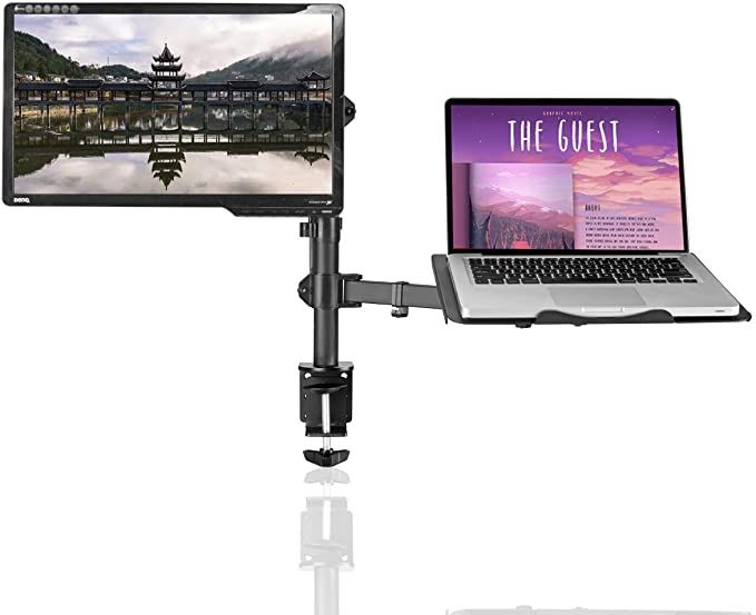 Full Motion Computer Monitor & Laptop Riser Desk Mount Stand, Height Adjustable (400mm), Fits 13-27 inch Screen & up to 17 inch Notebooks