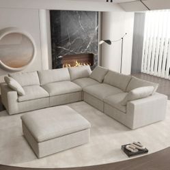 Deluxe Premium Cloud Sectional Sofas 6-Piece Khaki Cotton and Linen Sofa Sets 5-Seater 