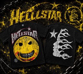 Hellstar black graphic tee with smiley face design
