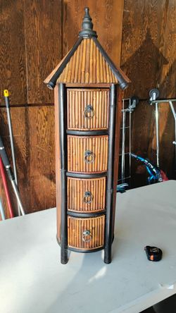 vintage burnt bamboo and rattan pagoda chest