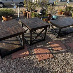 Solid wood & iron coffee table, and end table set