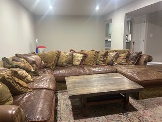 Large Leather and Fabric Sectional Sofa