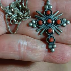 Sterling Silver And Turquoise  Coral Pendant With Chain